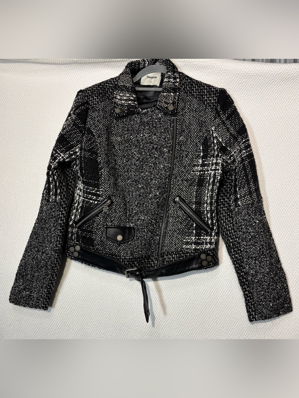 Desigual Sz 44 Textured Tweed Moto Stule Zipper Vegan Leather Accents Jacket